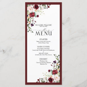 Menu Burgundy Blush Floral Aquarelle Script Mariage