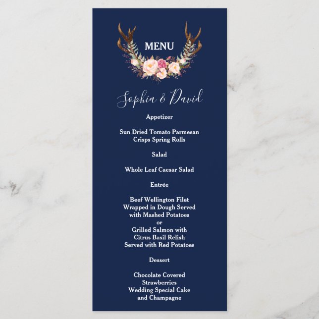 Menu Burgundy Blush Floral Frame Bleu foncé Mariage (Devant)