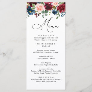 Menu Burgundy Blush Navy Roses Dîner Mariage