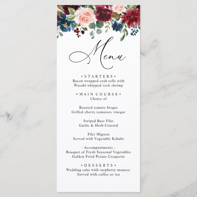 Menu Burgundy Blush Navy Roses Dîner Mariage (Devant)