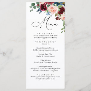 Menu Burgundy Blush Navy Roses Dîner Mariage