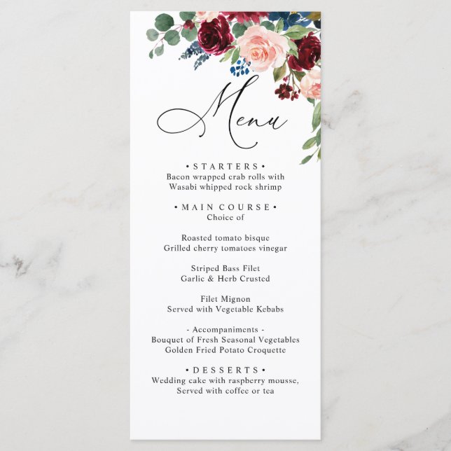 Menu Burgundy Blush Navy Roses Dîner Mariage (Devant)