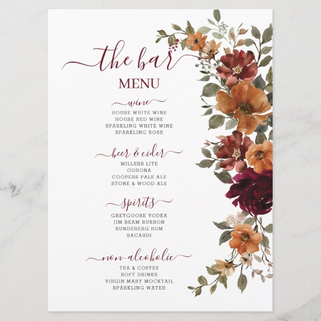 Menu Burgundy Burnt Orange Floral Mariage Boissons Bar (Devant)