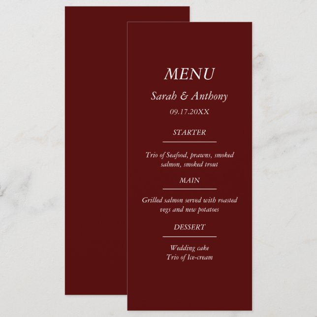 Menu Burgundy Casual Minimalist Elegant Wedding Food  (Devant / Derrière)
