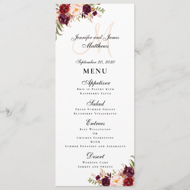 Menu Burgundy Floral Blush Script Monogram Mariage (Devant)