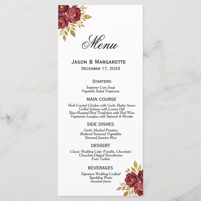 Menu Burgundy Gold Elegant Florals Modern Simple (Devant)