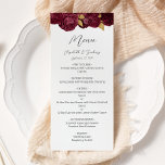 Menu Burgundy Gold Floral Mariage de script moderne<br><div class="desc">Ce menu mariage moderne et élégant présente une bordure supérieure de fleurs bordeaux et de feuilles de fausse feuille d'or. Le texte apparaît dans le script d'écriture manuscrite gris charbon et les polices sans serif sur un arrière - plan blanc.</div>