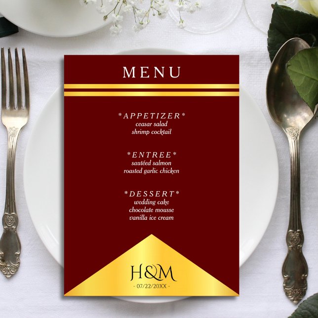 Menu Burgundy & Gold Stripe Fancy Mariage Réception (burgundy red and gold wedding menu)