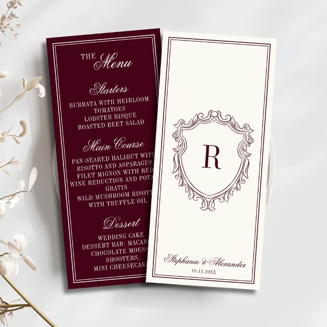 Menu Burgundy Ivory Monogram Crest Old Money Wedding (Créateur téléchargé)