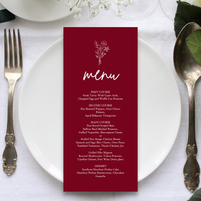 Menu Burgundy Minimaliste Botanique Terracotta Mariage (Burgundy minimalist botanical wedding menu adds rich warmth while showcasing your dishes beautifully)