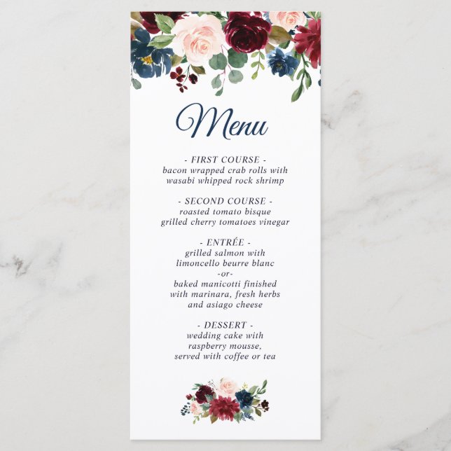 Menu Burgundy Navy Blue Blush Floral Mariage (Devant)