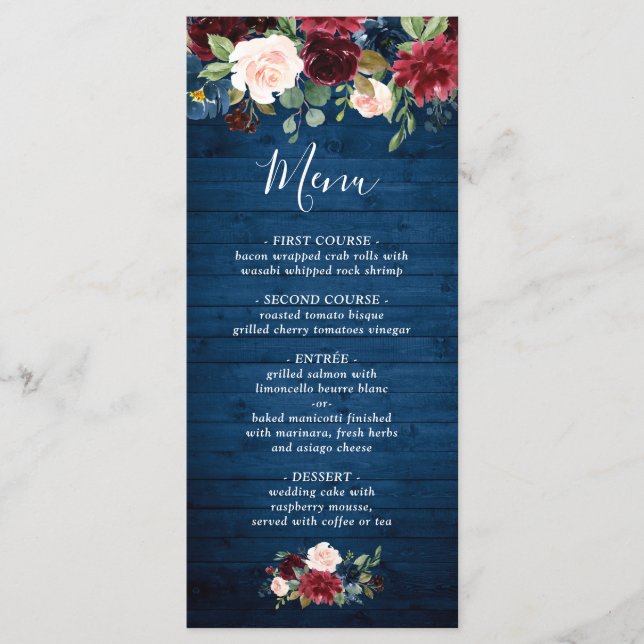 Menu Burgundy Navy Blue Blush Floral Mariage (Devant)