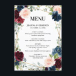 Menu Burgundy Navy Blush Floral Mariage géométrique<br><div class="desc">Elégante et moderne carte de menu de mariage d'aquarelle géométrique et romantique dispose d'une belle bordeaux / marsala, rose rousse, pêche, roses d'aquarelle bleu marine avec feuillage assorti sur le bleu marine bois rustique arrière - plan et cadre or. Parfait pour un mariage d'automne/mi-été. S'il vous plaît trouver d'autres modèles...</div>