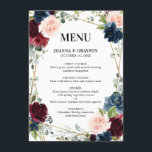 Menu Burgundy Navy Blush Floral Mariage géométrique<br><div class="desc">Elégante et moderne carte de menu de mariage d'aquarelle géométrique et romantique dispose d'une belle bordeaux / marsala, rose rousse, pêche, roses d'aquarelle bleu marine avec feuillage assorti sur le bleu marine bois rustique arrière - plan et cadre or. Parfait pour un mariage d'automne/mi-été. S'il vous plaît trouver d'autres modèles...</div>
