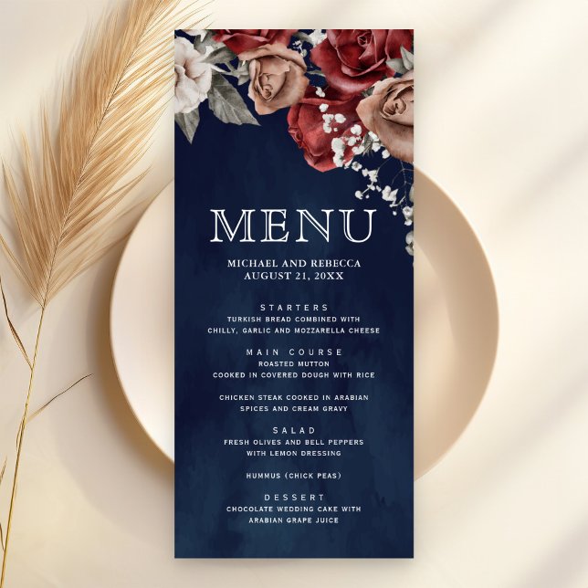 Menu Burgundy Red Roses Floral Navy Blue Wedding (Créateur téléchargé)
