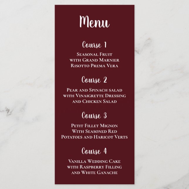 Menu Burgundy Simple Calligraphie Mariage moderne (Devant)