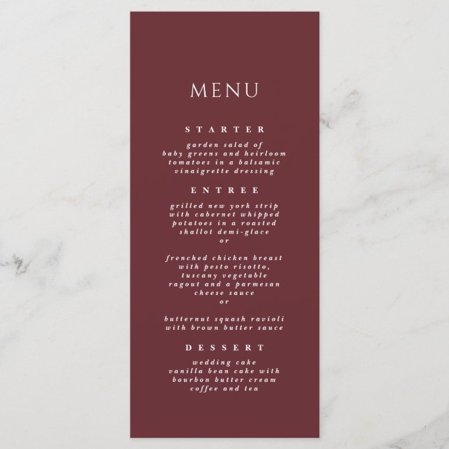 Menu Burgundy Simple Chic Moderne Élégant Dîner Mariage (Devant)