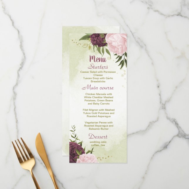 Menu cabernet rose fleurs vert feuille mariage (Devant/Arrière en situation)