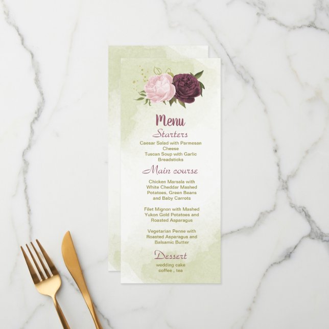 Menu cabernet rose fleurs vert feuille mariage (Devant/Arrière en situation)