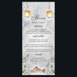 Menu Cabine d'hiver Rustic Snow Scene Mariage<br><div class="desc">Améliorez votre réception de mariage d'hiver avec ce menu enchanteur Cabine Mariage d'hiver. Ce design rustique présente un charmant cabine enneigé niché au milieu de pins enneigés, évoquant un sentiment de chaleur confortable et de magie hivernale. La douce lueur des lanternes apporte une touche de romantisme et complète parfaitement votre...</div>