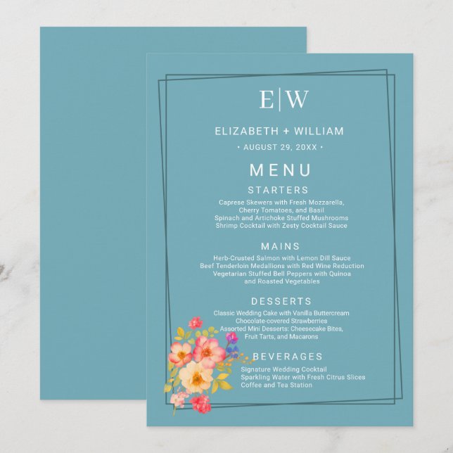 Menu Cadre avec Rose, style Mariage sur bleu (Devant / Derrière)