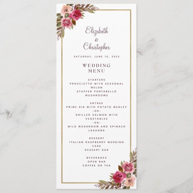 Menu Cadre Blanc Élégant Mariage Rose Fleurie Doré (Devant)
