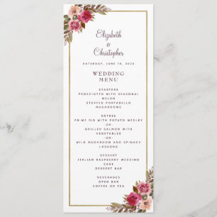 Menu Cadre Blanc Élégant Mariage Rose Fleurie Doré