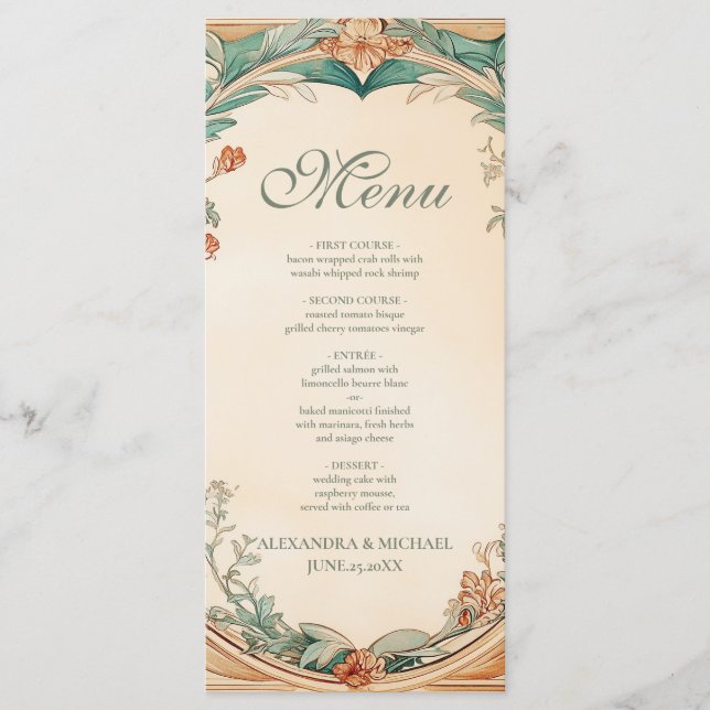 Menu Cadre botanique chaud pour mariage (Devant)