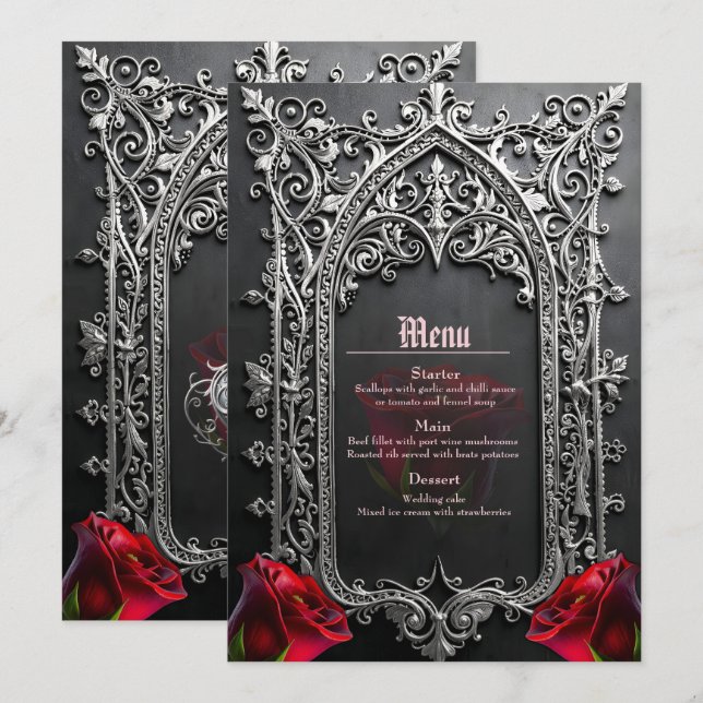 Menu Cadre de rose de mariage gothique élégant  (Devant / Derrière)