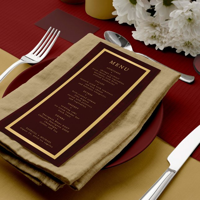 Menu Cadre doré élégant mariage moderne bordeaux foncé (Créateur téléchargé)