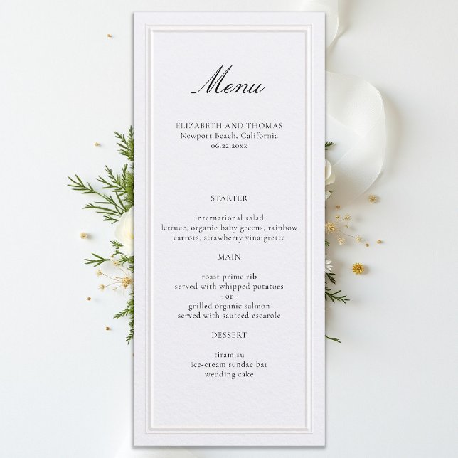 Menu Cadre Élégant Moderne Classique Élévé Perle Mariag (formal wedding menu elegant modern classic traditional black tie ballroom countryclub pearl white)