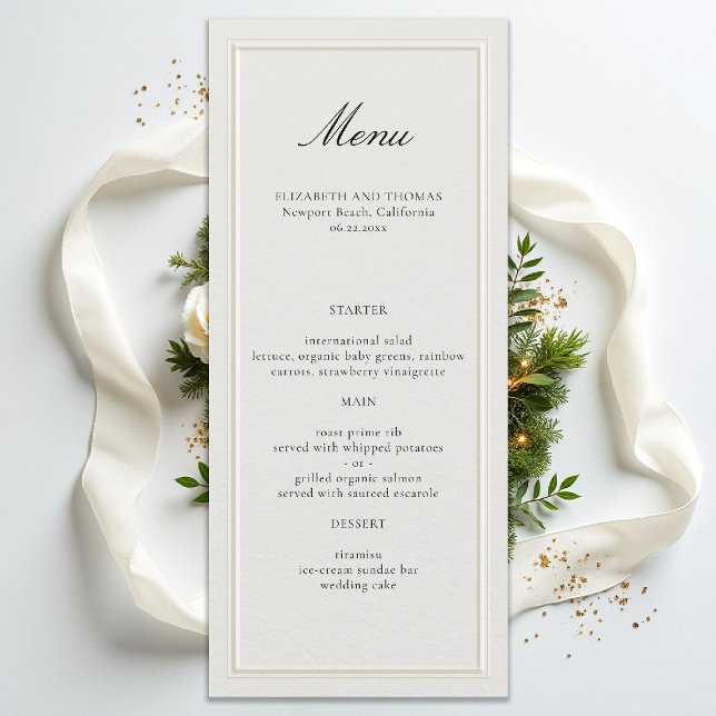 Menu Cadre Élégant Moderne Classique Mariage Écru (formal classic wedding menu double frame calligraphy traditional modern calligraphy ecru)