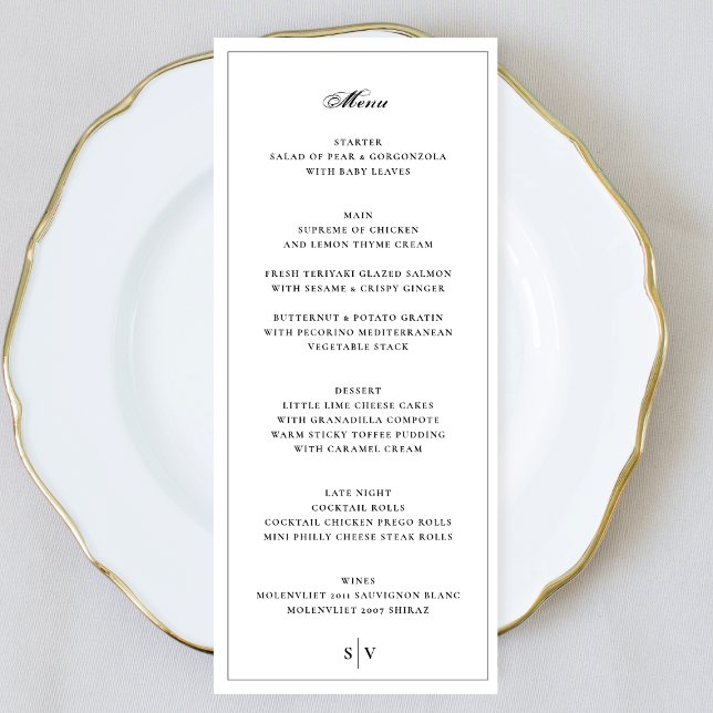 Menu Cadre | Élégant Monogramme Mariage Blanc (Créateur téléchargé)