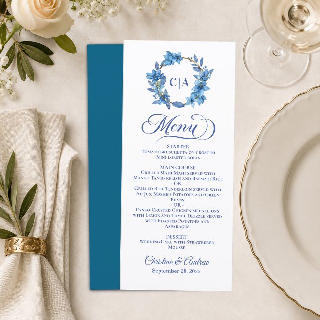 Menu Cadre Floral Bleu Or Initiales Couple Mariage (Créateur téléchargé)