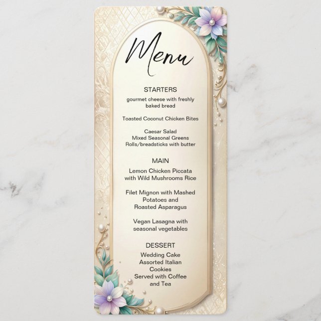 Menu Cadre Floral Décoratif avec Perles (Devant)