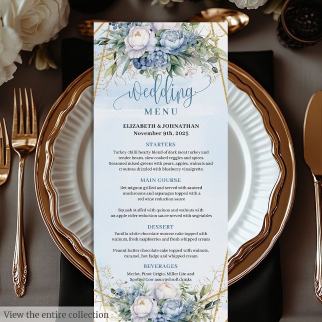 Menu Cadre Moderne de Glitter Bleu Or Mariage  (Modern Blue Gold Glitter Frame Greenery Wedding Menu)