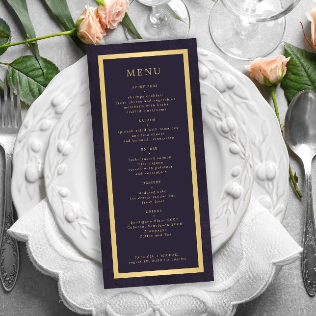 Menu Cadre or élégant violet foncé mariage moderne (Créateur téléchargé)
