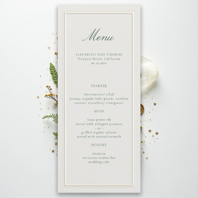 Menu Cadre Vert Classique Formel Mariage Ecru Élégant (formal wedding menu modern classic ecru double frame green calligraphy)