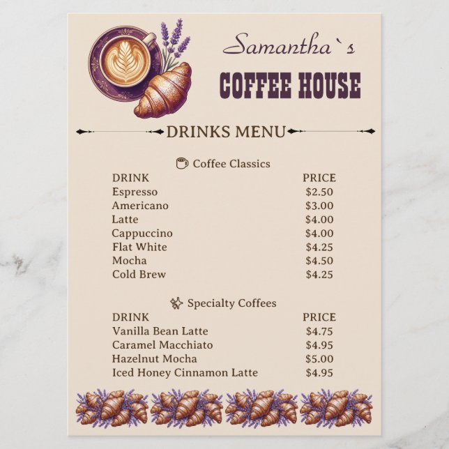 Menu Cafe Custom Merch Croissant Vintage Avec Lavande (Devant)