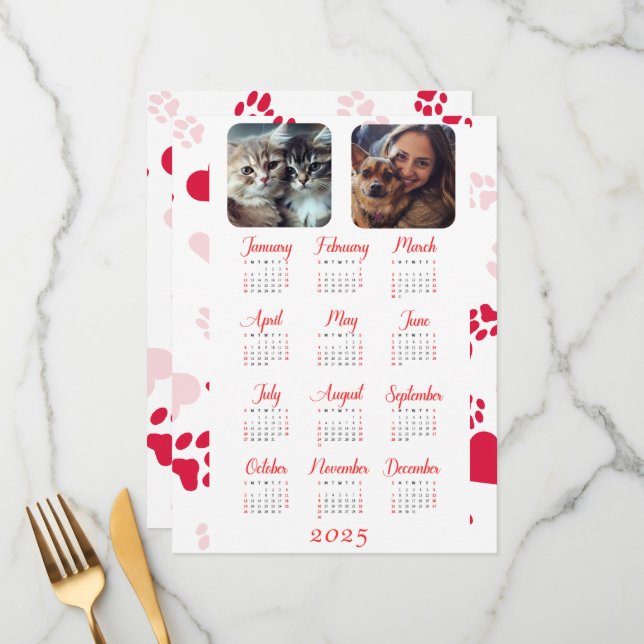 Menu Calendrier annuel personnalisable avec Empreintes  (Devant/Arrière en situation)