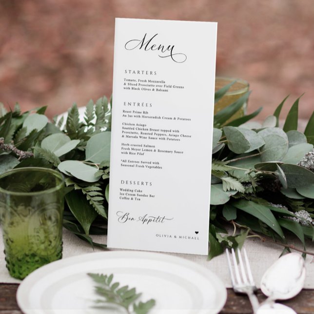 Menu Calligraphie De Luxe Elégante Réception De Mariage (Elegant simple and modern wedding menus with a heart and personalized thank you note on the back.)