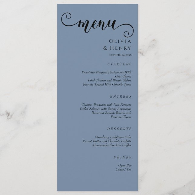 Menu Calligraphie Élégante Mariage Minimaliste Bleu  (Devant)