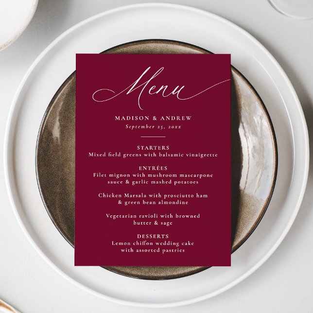 Menu Calligraphie Élégante Moderne Mariage Bordeaux (Créateur téléchargé)