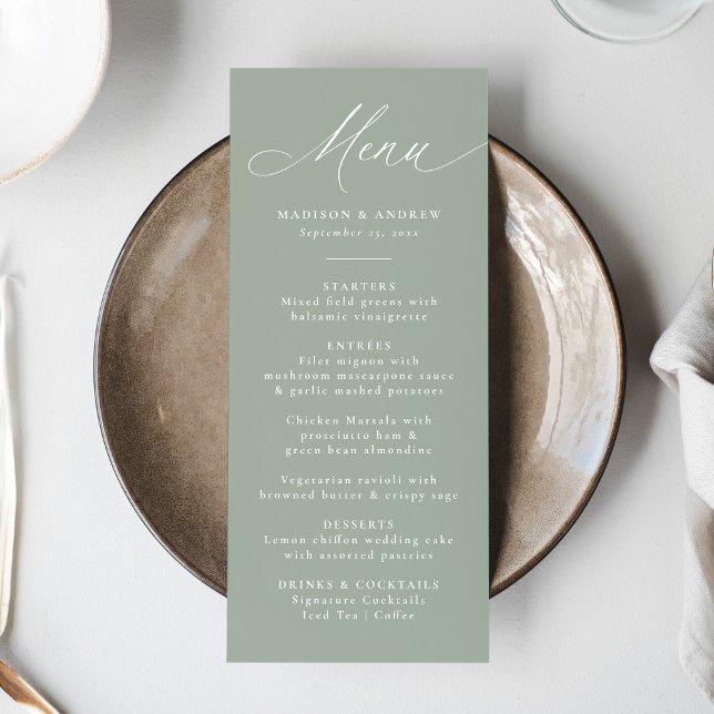 Menu Calligraphie Élégante Moderne Vert Sage Mariage (Créateur téléchargé)