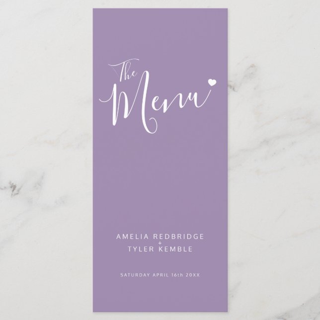 Menu Calligraphie texte cœur blanc sur mariage violet (Devant)