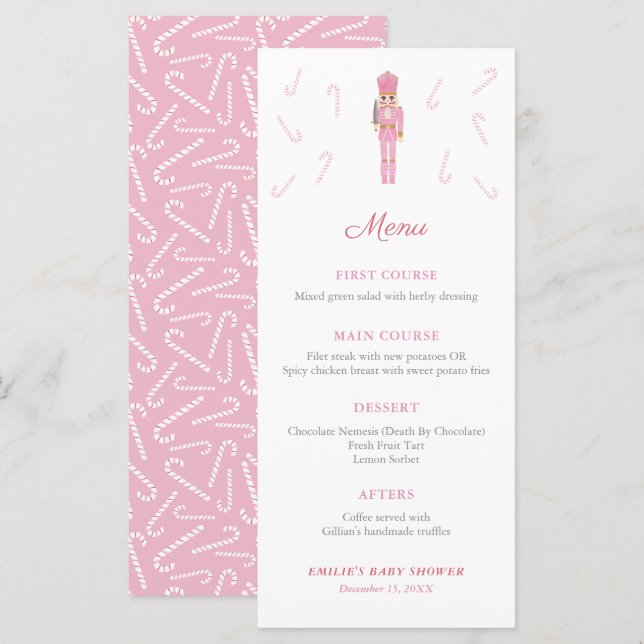 Menu Cannes de bonbon Casse-Noisette roses Fête de bébé (Devant / Derrière)