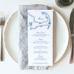 Menu Cape Cod Destination Mariage Marine Blue<br><div class="desc">Ces menus de carte Cape Cod sont parfaits pour une variété d'occasions, de votre réception de mariage de destination Cape Cod, dîner de répétition Cape Cod, soirée de fiançailles ou dîner formel. Ces menus mariages faciles à commander comprennent une carte dessinée à la main de Cape Cod comprenant Barnstable, Bourne,...</div>