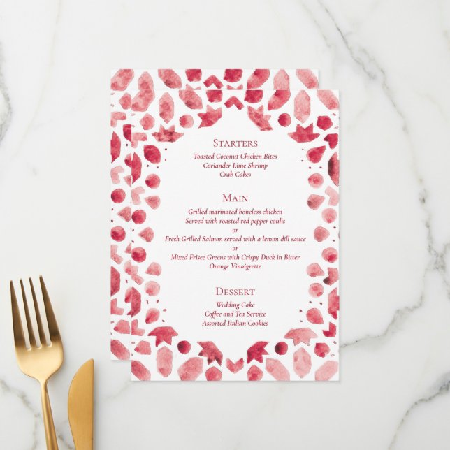 Menu Carreau de mariage géométrique rouge marocain (Devant/Arrière en situation)