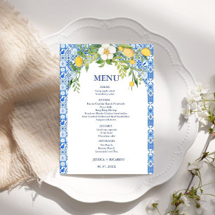 Menu Carreau méditerranéen bleu citron bohème Mariage i