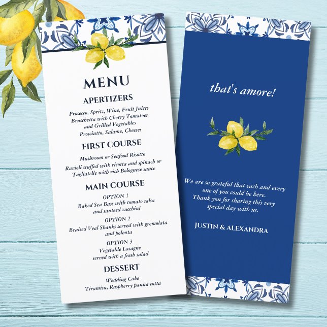 Menu Carrelage bleu Citron italien Mariage méditerranée (Créateur téléchargé)